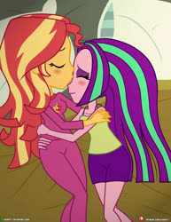 Size: 3090x4000 | Tagged: safe, artist:dieart77, aria blaze, sunset shimmer, equestria girls, g4, bed, blushing, clothes, commission, cuddling, digital art, female, kissing, lesbian, pajamas, pillow, ship:sunblaze, shipping, sleeveless, smiling, tank top