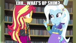 Size: 800x450 | Tagged: safe, artist:mlpfan3991, edit, edited screencap, screencap, sunset shimmer, trixie, equestria girls, equestria girls specials, g4, my little pony equestria girls: better together, my little pony equestria girls: forgotten friendship, bugs bunny, caption, carrot, food, image macro, looney tunes, male, meme, text