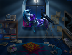 Size: 3300x2550 | Tagged: safe, artist:jac59col, shining armor, smarty pants, twilight sparkle, alicorn, pony, unicorn, g4, bbbff, book, bookshelf, brother and sister, canterlot, crash bandicoot (series), cuddling, donut, female, food, full moon, high res, male, moon, night, paper, pizza, playstation, siblings, sparkle siblings, spyro the dragon, spyro the dragon (series), star fox, super nintendo, telescope, the lion king, twilight sparkle (alicorn), video game