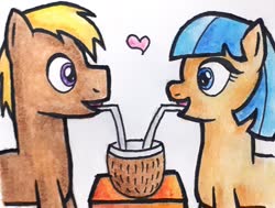 Size: 1980x1500 | Tagged: safe, artist:melisareb, coco crusoe, coco pommel, earth pony, pony, g4, coconut, crack shipping, female, food, heart, looking at each other, male, mare, name pun, pommelcrusoe, shipping, stallion, straight, traditional art