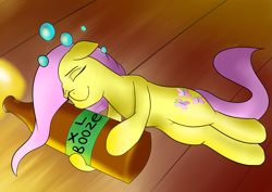 Size: 3541x2508 | Tagged: safe, artist:flaxen's art corner, fluttershy, pony, g4, drunk, drunk bubbles, drunkershy, female, high res, missing wing, sleeping, solo