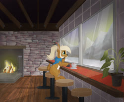 Size: 3240x2671 | Tagged: safe, artist:miaowwww, oc, oc only, oc:chestnut, deer, fire, fireplace, high res, mountain, plant pot, solo, window