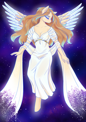 Size: 1240x1753 | Tagged: safe, artist:mozzarella, oc, oc only, pegasus, anthro, unguligrade anthro, anthro oc, clothes, dress, eyes closed, female, mare, night, sky, solo, spread wings, wings