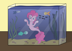 Size: 3508x2480 | Tagged: safe, artist:onlymeequestrian, pinkie pie, earth pony, fish, pony, seapony (g4), g4, against glass, blue eyes, bubble, dorsal fin, female, fin, fish tail, fish tank, flowing mane, flowing tail, glass, high res, mare, seaponified, seapony pinkie pie, seaweed, signature, species swap, swimming, tail, trapped, underhoof, underwater, water, when she doesn't smile