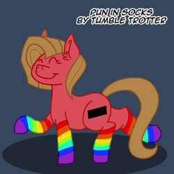 Size: 800x800 | Tagged: safe, artist:tumble-trotter, oc, oc only, oc:pun, earth pony, pony, ask pun, ask, clothes, female, mare, rainbow socks, socks, solo, striped socks