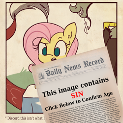 Size: 1836x1836 | Tagged: safe, alternate version, artist:tjpones, discord, fluttershy, draconequus, pegasus, pony, g4, bee movie, bee movie script, blackletter, censored, explicit source, female, grin, male, open mouth, smiling, style emulation
