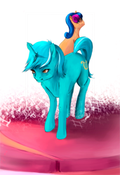 Size: 738x1080 | Tagged: dead source, safe, artist:netkarma, bon bon, lyra heartstrings, sweetie drops, earth pony, pony, unicorn, g4, abstract background, duo, female, mare, music notes