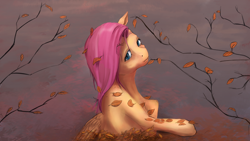 Size: 1920x1080 | Tagged: safe, artist:netkarma, fluttershy, pegasus, pony, g4, abstract background, autumn, autumn leaves, bust, female, leaf pile, leaves, looking at you, looking sideways, mare, melancholy, sad, solo, stray strand, tree, wings