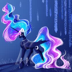 Size: 1000x1000 | Tagged: safe, artist:livitoza, princess luna, alicorn, pony, g4, blue eyes, chest fluff, female, flowing mane, horn, jewelry, leaves, multicolored hair, necklace, night, solo, sparkles, traditional art, wings