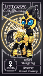 Size: 800x1399 | Tagged: safe, artist:vavacung, oc, oc:lynessa, changeling, armor, changeling oc, character card, female, mouth hold, pactio card, sword, weapon
