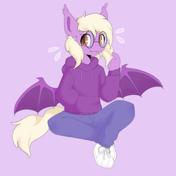 Size: 2000x2000 | Tagged: safe, artist:vert_glamis, oc, oc only, oc:pinkfull night, bat pony, anthro, anthro oc, bat pony oc, bat wings, clothes, cute, cute little fangs, ear tufts, fangs, female, filly, glasses, high res, hoodie, jeans, looking at you, nervous, pants, pink background, shoes, shy, simple background, sitting, slit pupils, smiling, sneakers, solo, spread wings, sweater, teenager, wings