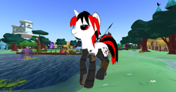 Size: 1468x768 | Tagged: safe, artist:melimoo2000, oc, oc only, oc:blackjack, pony, unicorn, fallout equestria, fallout equestria: project horizons, 3d, amputee, cutie mark, eyebrows, female, giant pony, horn, house, lake, lilypad, long tail, macro, mare, prosthetic leg, prosthetic limb, prosthetics, second life, short mane, smiling, solo, tree, walking
