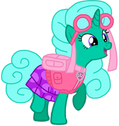 Size: 984x1043 | Tagged: safe, alternate version, artist:徐詩珮, glitter drops, pony, unicorn, series:sprglitemplight diary, series:sprglitemplight life jacket days, series:springshadowdrops diary, series:springshadowdrops life jacket days, g4, alternate universe, background removed, backpack, base used, clothes, cute, dress, eyelashes, female, goggles, mare, open mouth, paw patrol, raised hoof, simple background, skye (paw patrol), smiling, solo, transparent background