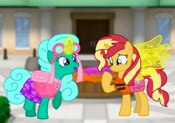 Size: 1418x994 | Tagged: safe, artist:徐詩珮, glitter drops, sunset shimmer, pony, unicorn, series:sprglitemplight diary, series:sprglitemplight life jacket days, series:springshadowdrops diary, series:springshadowdrops life jacket days, g4, alternate universe, artificial wings, augmented, backpack, bag, base used, clothes, cute, dress, duo, eyelashes, female, glowing horn, horn, lifejacket, magic, magic wings, mare, open mouth, outdoors, paw patrol, raised hoof, saddle bag, skye (paw patrol), smiling, wings