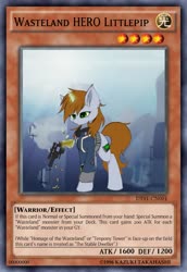 Size: 715x1037 | Tagged: safe, edit, oc, oc only, oc:littlepip, pony, unicorn, fallout equestria, card, card game, ccg, clothes, fanfic, fanfic art, female, glowing horn, gun, handgun, hooves, horn, jumpsuit, levitation, little macintosh, magic, mare, optical sight, pipbuck, reloading, revolver, ruins, scope, solo, telekinesis, trading card, trading card edit, vault suit, weapon, yu-gi-oh!, yugioh card
