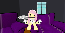 Size: 1488x768 | Tagged: safe, artist:melimoo2000, fluttershy, pegasus, pony, g4, 3d, alternate hairstyle, blushing, clothes, collar, couch, duster, female, fluttermaid, heels on a horse, lace, lifted leg, looking at you, maid, maid headdress, mare, mouth hold, raised hoof, second life, sitting, solo, window