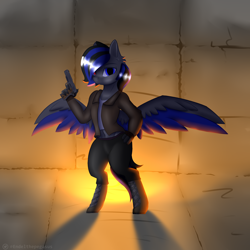 Size: 2000x2000 | Tagged: safe, artist:endelthepegasus, oc, oc only, hippogriff, hybrid, clothes, female, high res, hippogriff oc, jacket, solo, spread wings, weapon, wings