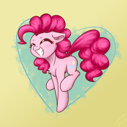 Size: 2000x2000 | Tagged: safe, artist:astery, derpibooru exclusive, pinkie pie, earth pony, pony, g4, abstract background, cheek fluff, chest fluff, cute, diapinkes, ear fluff, eyes closed, female, floppy ears, fluffy, heart, high res, leg fluff, smiling, solo