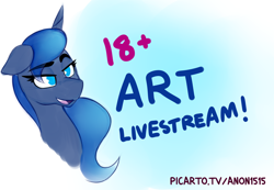 Size: 4700x3260 | Tagged: source needed, safe, artist:anon_1515, princess luna, g4, advertisement, explicit source, livestream, picarto, simple background, sketch, text, url