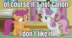 Size: 851x452 | Tagged: safe, edit, edited screencap, screencap, apple bloom, scootaloo, sweetie belle, pegasus, pony, unicorn, bloom & gloom, g4, caption, cute, cutie mark crusaders, disappointed, discovery family, discovery family logo, female, filly, image macro, logo, scootaloo is wrong about everything, sweetie belle is not amused, text, unamused