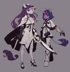 Size: 2670x2738 | Tagged: safe, artist:amphoera, rarity, twilight sparkle, anthro, g4, boots, clothes, cosplay, costume, drakengard 3, dress, flower, high res, leonine tail, one (drakengard), shoes, socks, sword, weapon, zero (drakengard)