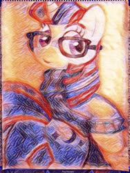 Size: 860x1144 | Tagged: safe, artist:thor-disciple, moondancer, pony, unicorn, g4, butt, clothes, glasses, horn, looking at you, moon, plot, psychedelic, rear view, red hair, smiling, sweater, tape