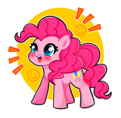 Size: 900x873 | Tagged: safe, artist:meqiopeach, pinkie pie, earth pony, pony, g4, abstract background, blushing, cute, diapinkes, digital art, emanata, female, happy, pink, puffy tail, simple background, smiley face, smiling, solo, yellow