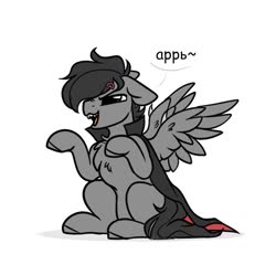 Size: 1184x1087 | Tagged: safe, artist:mariashek, oc, oc only, oc:dante fly, hybrid, pony, vampire, cape, chest fluff, clothes, floppy ears, half bat pony, male, simple background, solo, text, white background