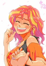 Size: 700x1000 | Tagged: safe, artist:sozglitch, sunset shimmer, equestria girls, g4, blushing, cute, date, holding hands, nail polish, offscreen character, pov, shimmerbetes, simple background