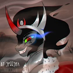 Size: 1000x1000 | Tagged: safe, artist:spoosha, king sombra, pony, unicorn, g4, bust, cloak, clothes, commission, curved horn, evil smile, glowing eyes, grin, horn, male, smiling, solo, sombra eyes
