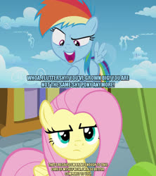 Size: 1280x1440 | Tagged: safe, anonymous editor, edit, edited screencap, screencap, fluttershy, rainbow dash, pegasus, pony, flutter brutter, g4, the cutie re-mark, caption, confident, duo, female, filly, grumpy, image macro, mare, meme, text, tomboy, unamused