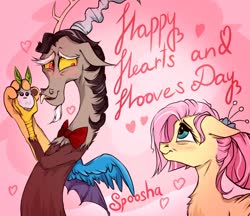 Size: 1100x950 | Tagged: safe, artist:spoosha, discord, fluttershy, draconequus, pegasus, pony, g4, the last problem, blushing, bowtie, english, female, heart, hearts and hooves day, holiday, male, older, older fluttershy, ship:discoshy, shipping, straight, text, valentine's day