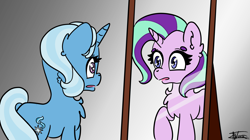 Size: 2250x1256 | Tagged: safe, artist:minty joy, starlight glimmer, trixie, pony, unicorn, equestria girls, equestria girls specials, g4, my little pony equestria girls: mirror magic, duo, duo female, female, mirror, reflection, simple background, wtf