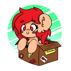 Size: 1824x1824 | Tagged: safe, artist:minty joy, oc, oc only, pony, blush sticker, blushing, box, chibi, circle background, cute, pony in a box, red eyes, red mane, simple background, solo, ych result