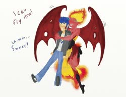 Size: 1024x788 | Tagged: safe, artist:cirusthecitrus, flash sentry, sunset shimmer, equestria girls, g4, blushing, demon wings, female, holes in wings, hug, male, satantry, ship:flashimmer, shipping, smiling, straight, sunset satan