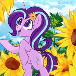 Size: 500x500 | Tagged: safe, artist:spoosha, starlight glimmer, pony, unicorn, g4, cloud, cute, female, flower, flower in hair, glimmerbetes, sky, solo, standing, sunflower