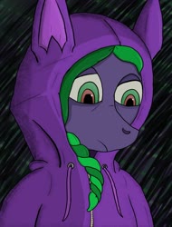 Size: 1280x1685 | Tagged: safe, artist:robipony, mane-iac, earth pony, pony, g4, alternate hairstyle, antagonist, braided ponytail, clothes, dark background, female, hoodie, mable mane, mare, ponytail, power ponies universe, purple, villainess