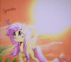Size: 1236x1080 | Tagged: safe, artist:spoosha, fluttershy, butterfly, pegasus, pony, g4, cloud, female, leaf, looking up, mare, raised hoof, sky, smiling, solo, spread wings, sun, three quarter view, timestamp, wings