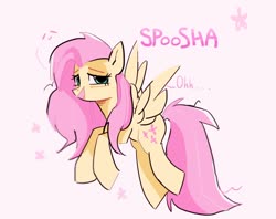 Size: 1200x950 | Tagged: safe, artist:spoosha, fluttershy, pegasus, pony, g4, dialogue, english, female, flying, looking at you, mare, pink background, simple background, solo, spread wings, stars, three quarter view, tired, wings