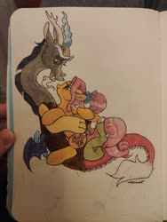 Size: 3000x4000 | Tagged: safe, artist:zlatavector, discord, fluttershy, pegasus, pony, g4, the last problem, age difference, colored, colored sketch, couple, cute, female, horn, horns, hug, love, male, ship:discoshy, shipping, size difference, straight, tail, traditional art, wings