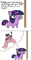 Size: 1022x1994 | Tagged: safe, artist:jargon scott, artist:tjpones edits, edit, twilight sparkle, oc, oc:puddle worms™, g4, jewelry, measuring, ponies riding worms, regalia, riding, scepter, text, thought bubble, twiggie, twilight scepter