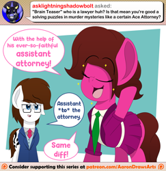 Size: 1280x1318 | Tagged: safe, artist:aarondrawsarts, oc, oc:brain teaser, oc:rose bloom, earth pony, pony, ace attorney, ask, ask brain teaser, brainbloom, clothes, female, glasses, lawyer, male, oc x oc, reference, shipping, skirt, straight, suit, the office, tumblr