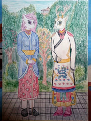 Size: 3120x4160 | Tagged: safe, artist:mildgyth, derpibooru exclusive, fleur-de-lis, king aspen, deer, anthro, plantigrade anthro, ziragshabdarverse, g4, alternate design, cane, china, high res, historical chinese clothing, mianfu, traditional art, tree