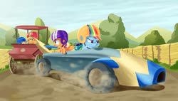 Size: 1280x725 | Tagged: safe, artist:arkhat, apple bloom, applejack, rainbow dash, scootaloo, earth pony, pegasus, pony, g4, the cart before the ponies, cart, dust, female, filly, grand theft auto, gta iv, hay bale, helmet, mare, race, reference
