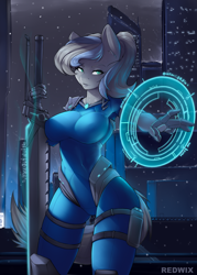 Size: 2500x3500 | Tagged: safe, artist:redwix, oc, oc only, oc:scotia, earth pony, anthro, engineer, female, high res, ponytail, skintight clothes, solo, space, spacesuit, sword, weapon
