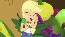 Size: 1280x720 | Tagged: safe, screencap, applejack, equestria girls, equestria girls series, holidays unwrapped, o come all ye squashful, spoiler:eqg series (season 2), animated, clothes, cute, cutie mark, cutie mark on clothes, female, geode of super strength, jackabetes, jewelry, laughing, magical geodes, necklace, solo, sound, webm