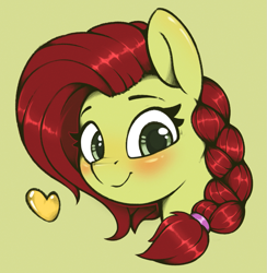 Size: 1209x1241 | Tagged: safe, artist:rexyseven, oc, oc only, oc:oil drop, pony, blushing, braid, bust, female, heart, mare, portrait, simple background, smiling at you, solo