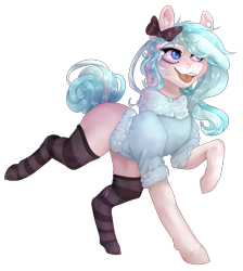 Size: 1800x2005 | Tagged: safe, artist:copshop, oc, oc only, earth pony, pony, bow, clothes, ear fluff, female, hair bow, mare, simple background, socks, solo, striped socks, sweater, transparent background