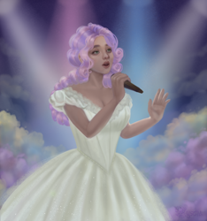 Size: 1600x1711 | Tagged: safe, artist:myseria, sweetie belle, human, g4, christine daae, clothes, dress, female, fog, humanized, microphone, phantom of the opera, singing, solo, spotlight