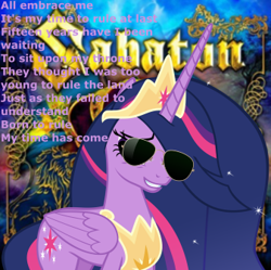 Size: 337x336 | Tagged: safe, artist:zocidem, twilight sparkle, alicorn, pony, g4, the last problem, crossover, female, sabaton, solo, sunglasses, text, twilight sparkle (alicorn)